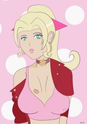  absurdres aerith_gainsborough bimbofication blonde_hair choker earrings empty_eyes eyeshadow female_only final_fantasy final_fantasy_vii green_eyes hair_ornament jacket lipstick long_hair looking_at_viewer makeup pink_lipstick ponytail rosera signature simple_background smile solo tank_top 