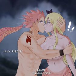  blonde_hair bottomless breasts corruption dialogue fairy_tail fancel femdom femsub kissing long_hair lucy_heartfilia monster_girl naga_girl natsu_dragneel nude pink_hair ribbon scales snake_girl spoilers tail tattoo text topless transformation 
