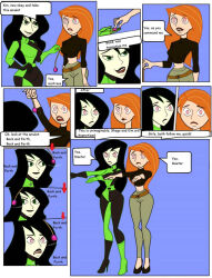  black_hair breasts carlosfco clothed comic consensual disney expressionless female_only femdom femsub green_eyes high_heels hypnotized_hypnotist kim_possible kim_possible_(series) long_hair midriff open_mouth pendulum red_hair shego simple_background smile spiral_eyes symbol_in_eyes text western zombie_walk 