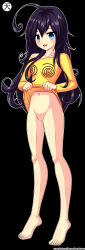 absurdres ahoge barefoot black_hair blue_eyes bottomless curly_hair drool feet female_only femsub happy_trance hypno-tan long_hair open_mouth original pussy pussy_juice skirt skirt_lift spiral spiral_eyes symbol_in_eyes tenzen