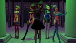 1idrathernot 3d aegis_(persona) blonde_hair blue_hair brain_slug breasts brown_hair crossover drool futurama fuuka_yamagishi glowing_eyes green_eyes hair_covering_one_eye high_heels hypnotized_walking kotone_shiomi large_breasts long_hair looking_at_viewer midriff mitsuru_kirijo multiple_doms multiple_girls multiple_subs navel persona_(series) persona_3 persona_3_portable robot_girl short_hair skirt standing thighhighs yukari_takeba zombie_walk