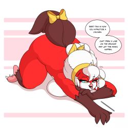  all_fours beak bent_over bird_girl bottomless bow breasts chicken_girl claws dialogue female_only femsub furry hair_band hair_ornament heavy_eyelids huge_breasts humor kaa_eyes larikane lizhi_(diives) long_hair non-human_feet nude open_mouth original red_skin sideboob simple_background solo speech_bubble text tongue tongue_out topless white_background white_hair 