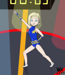 android_18 bare_legs blonde_hair blue_eyes dancing dragon_ball earrings empty_eyes female_only femsub gym_uniform hand_on_hip happy_trance short_hair signature smile sneakers solo standing weirdfoxx