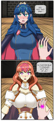  absurdres bangs bare_shoulders blue_hair blush cape celica_(fire_emblem) character_request clothed comic control_indicator dialogue dlobo777 earrings empty_eyes femsub fire_emblem glowing green_eyes hourglass_figure jewelry large_breasts lucina magic multiple_girls multiple_subs nintendo open_mouth orange_hair pink_eyes pov_dom ring speech_bubble straight-cut_bangs surprised text 