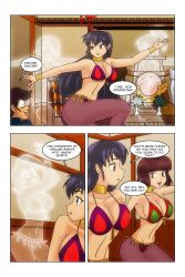 absurdres arm_bands assertive_sub ataru_moroboshi aware black_hair blush border bracelet brown_eyes brown_hair choker cleavage collarbone comic dancer dancing dialogue english_text eyebrows_visible_through_hair femsub ghost gold happy_trance harem_outfit jewelry large_breasts long_hair multiple_girls multiple_subs navel open_mouth panties pants ponytail red_hair sakura_(urusei_yatsura) see-through shinobu_miyaki short_hair smile speech_bubble text urusei_yatsura wadevezecha wide_hips
