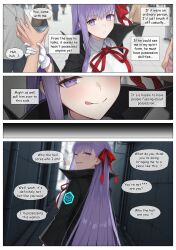 ai_art bb_(fate/extra_ccc) blush comic dialogue english_text faceless_male fate/extra_ccc fate/grand_order fate_(series) femsub gloves kodawarite_(generator) long_hair looking_at_viewer looking_back male_pov maledom naughty_smile outdoors possession pov purple_eyes purple_hair speech_bubble text tongue tongue_out