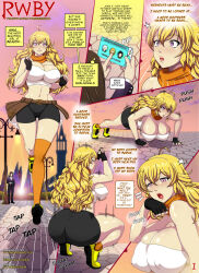  ass bike_shorts blonde_hair breasts cleavage comic exercise femsub huge_breasts large_ass large_breasts legs long_hair midriff ruby_rose rwby shorts sneakers stormfeder text thighhighs trigger tube_top weiss_schnee yang_xiao_long 