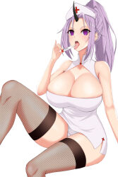 blush breasts cleavage demon_girl empty_eyes exposed_chest female_only femsub fishnets hat horns huge_breasts large_hips long_hair looking_at_viewer manip misterman4_(manipper) monster_girl nurse oni_girl open_mouth ponytail purple_hair shion_(tensei_slime) tagme that_time_i_got_reincarnated_as_a_slime thighhighs tongue tongue_out vik