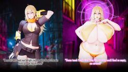  3d alternate_costume arcrad before_and_after bike_shorts bimbofication blonde_hair brain_drain breast_expansion breasts cleavage collar curvy erect_nipples_under_clothes female_only femsub fingerless_gloves gloves hand_on_hip huge_breasts large_lips long_hair looking_at_viewer midriff navel purple_eyes rwby shorts thighhighs thong wide_hips yang_xiao_long yellow_lipstick 