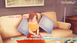 aware blue_eyes breasts brown_hair caroline clothed couch dialogue earrings english_text female_only milf mustardsauce pillow pokemon pokemon_(anime) professor_juniper text