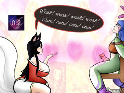  ahri_(league_of_legends) bare_legs black_hair blue_hair bondage breasts chair charm_(spell) closed_eyes cum dauce/s dialogue english_text erection femdom futanari gameplay_mechanics heart hypnotic_magic kitsune_girl large_breasts league_of_legends legs long_hair magic neeko_(league_of_legends) orgasm_command restrained rope sitting slit_pupils speech_bubble sweat symbol tail text thighs yellow_eyes 
