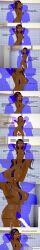  3d absurdres altered_common_sense anoni_hypno armpits arms_above_head bikini black_hair blush cum dark_skin dialogue english_text femsub handsfree_ejaculation licking mous_carter_(anoni_hypno) multiple_boys orgasm original purple_eyes short_hair sling_bikini text wet 