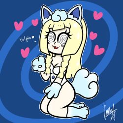 alolan_vulpix bare_shoulders blonde_hair breasts cleavage fake_animal_ears fake_tail female_only femsub happy_trance kneeling large_breasts leotard lillie_(pokemon) long_hair nintendo open_mouth paws pet_play pokemon pokemon_sun_and_moon shyker solo soropin spiral_eyes symbol_in_eyes tail text vulpix