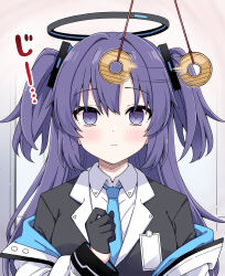 blue_archive blush coin empty_eyes female_only femsub halo japanese_text long_hair pendulum purple_eyes purple_hair riosi suit tie twintails yuuka_(blue_archive)