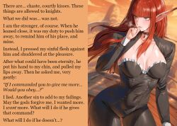 blue_eyes caption caption_only choker eiselin_burchelli_meijal_hulkenberg elf elf_ears femsub hime_cut knight maledom metaphor:refantazio monsieurchuchote_(writer) red_hair rororo text