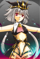 alternate_costume aura bare_shoulders bozel_(langrisser) breasts clothed corruption empty_eyes femsub grey_hair hat hisho langrisser licorice_(langrisser) midriff navel possession red_eyes short_hair sparkle thighs