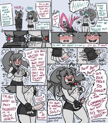 absurdres blue_eyes blush bulge crop_top crossdressing dialogue drool eye_color_change eyebrows_visible_through_hair fanterfane fayne_(fanterfane) femboy freckles fusion heart_eyes light_skin long_hair male_only maledom malesub navel nipple_tweak orgasm original penis ponytail possession red_eyes sharp_teeth short_hair shorts speech_bubble surprised tech_control tongue_out transformation