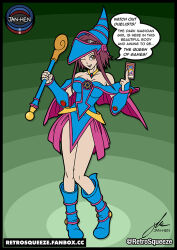 akiza_izinski bare_legs bare_shoulders boots breasts brown_eyes choker cleavage clothed comic cosplay dark_magician_girl dialogue english_text female_only femdom femsub happy_trance hat long_hair necklace one_eye_open possession red_eyes red_hair retrosqueeze signature simple_background speech_bubble staff standing text wink yu-gi-oh! yu-gi-oh!_5d&#039;s