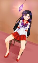 absurdres black_hair bow breasts chair circlet clothed collar crown crystal dazed female_only femsub glowing glowing_eyes happy_trance headband jewelry large_breasts limp long_hair open_mouth pendulum sailor_mars sailor_moon_(series) shoes sitting skirt smeef smile solo