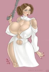 bimbofication blush breasts brown_eyes brown_hair cleavage erect_nipples female_only femsub gun happy_trance huge_breasts princess_leia red_lipstick rinaldi rsterling short_hair smile solo star_wars thick_thighs weapon