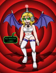 antenna bikini blonde_hair breasts dialogue female_only fembot femsub happy_trance headphones hypnotic_accessory large_breasts latex open_mouth original robotization short_hair smile solo spiral_eyes supertechno324 symbol_in_eyes tech_control text thighhighs vampire western