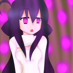  absurdres black_hair breasts cleavage cleavage_cutout female_only femsub glowing glowing_eyes juu_(juuzou) juuzou large_breasts long_hair open-chest_sweater open_mouth original pink_eyes 