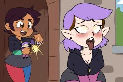  ahegao amity_blight aokushan blush brown_eyes brown_hair dark_skin disney doll earbuds elf_ears female_only femdom femsub luz_noceda multicolored_hair open_mouth pendulum purple_hair school_uniform short_hair simple_background spiral_eyes the_owl_house tongue tongue_out voodoo_doll yellow_eyes 