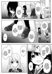 breasts cheerleader comic dollification empty_eyes expressionless female_only greyscale hard_translated hisagi kissing long_hair marialite monochrome multiple_girls open_mouth swimsuit text tracksuit translated yuri