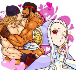 alex_(street_fighter) alternate_costume ass bandana bare_shoulders beanie beard black_hair blonde_hair bottomless capcom capcom_fighting_jam facial_markings femdom fingerless_gloves fundoshi gloves goddess hat heart ingrid_(capcom) long_nails looking_at_viewer love malesub multiple_boys multiple_subs muscle_boy posing psychic puckered_lips red_eyes rocckart ryu_(street_fighter) short_hair sparkle street_fighter sub_on_sub symbol thighs topless valentine's_day white_hair wink yaoi