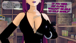 aware circe cleavage clothed dc_comics dialogue dogdog english_text latex lipstick purple_hair purple_lipstick text