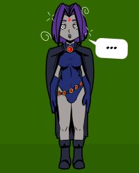 boots cape cloak dc_comics expressionless female_only femsub gloves goth grey_skin heavy_eyelids isankura leotard open_mouth purple_hair raven short_hair simple_background solo sparkle speech_bubble spiral spiralwash_eyes standing_at_attention super_hero teen_titans