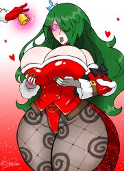 accord_(accord) belt blush christmas cleavage curvy drool expressionless femdom femsub green_hair hair_covering_one_eye hair_ornament huge_breasts hypnotic_audio lipstick long_hair luci_(orphan2) open_mouth original orphan2 pantyhose ring signature simple_background spiral spiral_eyes thick_thighs