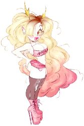 artist_request bimbofication blonde_hair cleavage eyeshadow female_only hand_on_hip hekapoo high_heels horns large_ass large_breasts lipstick looking_at_viewer makeup midriff mole pink_lipstick red_eyes simple_background source_request star_vs_the_forces_of_evil thighhighs torn_clothes tube_top very_long_hair white_background white_skin yellow_sclera