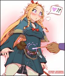  blonde_hair blush bow clothed cum delicious_in_dungeon elf elf_ears erect_nipples erect_nipples_under_clothes femsub forced_orgasm gaiidraws handsfree_ejaculation heart magic magic_wand magician magicjob marcille_donato orgasm pink_eyes pov pov_dom pussy_juice solo speech_bubble tears trembling white_background 