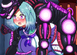  all_fours blue_hair blush breasts breath corruption cyan_hair death_goblin_(galnoaniki) dog dog_pose empty_eyes female_only femsub open_mouth original purple_eyes robot short_hair shrunken_irises static_eyes sweat tentacles tongue trembling 