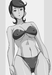  bikini breasts chogattai_majutsu_robot_ginguiser empty_eyes erect_nipples erect_nipples_under_clothes expressionless female_only femsub greyscale hikawadou large_breasts michi_akitsu monochrome navel nipples open_mouth short_hair solo standing standing_at_attention swimsuit underboob 