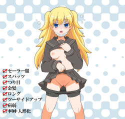 bike_shorts blonde_hair blue_eyes breasts caspi character_request drool empty_eyes expressionless femsub large_breasts long_hair open_clothes school_uniform skirt skirt_lift text translation_request undressing