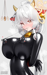 ahoge arms_behind_back bangs blue_archive blush bodysuit braid breath collar confused cow_girl cowbell earrings eri_(blue_archive) female_only femsub halo happy_trance horns lactation large_breasts latex long_hair maguro27 milk milking nipple_piercing orange_eyes pendulum piercing ponytail rope rubber solo spiral_eyes tight_clothing