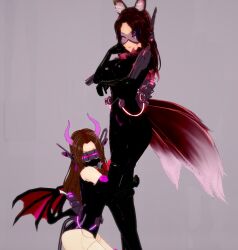  3d bat_wings blake_(blakiee) bodysuit brown_hair demon_girl drone femdom femsub fox_ears fox_girl fox_tail headphones horns hypnotized_dom kitsune_girl koikatsu! latex milena multiple_girls multiple_tails original pink_hair red_eyes simple_background succubus tail tech_control visor wings yuri 