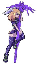  alternate_costume belt brown_hair censored clothed corruption empty_eyes eunie_(xenoblade) female_only femsub jacket leotard light_skin long_hair nintendo open_mouth purple_eyes shoes singlesalt staff thighhighs vest weapon xenoblade_chronicles xenoblade_chronicles_3 