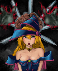 blonde_hair blush brain breasts cleavage dark_magician_girl femsub hat heart heart_eyes large_breasts long_hair necklace open_mouth symbol_in_eyes yu-gi-oh!