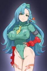  arm_bands blue_hair body_markings body_paint bow breasts capcom chloe_(fire_emblem) earrings empty_eyes erect_nipples erect_nipples_under_clothes expressionless fingerless_gloves fire_emblem fire_emblem_engage gloves green_eyes grey_background hat large_breasts leotard looking_at_viewer nintendo quarter_r18 shadaloo_dolls shoulder_pads simple_background street_fighter tie very_long_hair 
