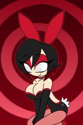 aged_up ass bare_shoulders black_hair bunny_ears bunny_girl bunnysuit choker cleavage collarbone eyebrows_visible_through_hair eyelashes eyeshadow femsub grey_eyes happy_trance hypnoscream kneeling large_breasts legs opera_gloves pantyhose pov_dom red_background red_hair ring_background ruby_rose rwby see-through shiny_skin short_hair smile spiral_eyes