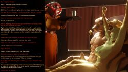 3d after_sex arden_(thalarynth) arms_above_head aware becca_(thalarynth) bed bedroom caption clothed dialogue erection expressionless femdom femsub furry humor large_penis lizard_boy malesub manip multiple_subs nude original penis public_use sleepy snake_girl sub_on_sub tail text thalarynth_(manipper)