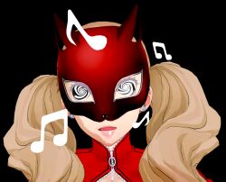  ann_takamaki black_background clothed drool eye_mask female_only femsub hypnobrother hypnotic_music lipstick makeup music persona_(series) persona_5 platinum_blonde_hair simple_background solo spiral_eyes 