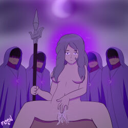  black_hair black_summoner bottomless clitoris collarbone cowgirl_position cult drool expressionless faceless_male femsub glowing grey_hair large_breasts m00n_key mantra masturbation navel necklace night nude outdoors purple_eyes pussy robe sex signature spear spread_legs text topless vaginal weapon 