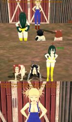  absurdres animal_ears black_eyes black_hair blonde_hair bra breasts brown_eyes brown_hair closed_eyes cow_print dialogue english_text fake_animal_ears female_only femdom femsub gloves green_hair himiko_toga horns horokeu leggings long_hair momo_yaoyorozu multiple_girls multiple_subs my_hero_academia nipples nude ochaco_uraraka opera_gloves orange_eyes panties pet_play short_hair suspenders text tsuyu_asui underwear 