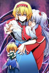 alice_margatroid blonde_hair blue_eyes book chin_hold empty_eyes evil_smile expressionless femdom femsub grey_eyes hand_on_another&#039;s_cheek holding_hands hug long_hair multiple_girls open_mouth puppet shinki short_hair silver_hair slit_pupils smile touhou wings