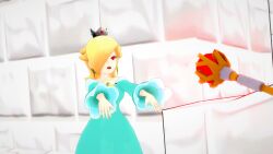  3d blonde_hair clothed collarbone crown dazed dress earrings empty_eyes female_only femsub hair_covering_one_eye long_hair magic magic_wand nintendo open_mouth princess princess_rosalina red_eyes sonrio12 super_mario_bros. zombie_walk 