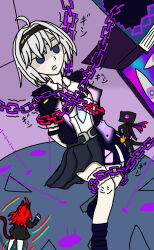  ahoge androgynous_dom black_tome bondage chains clothed empty_eyes esper_zero_(neverness_to_everness) expressionless fine3x2b glowing_eyes grey_hair hand_on_hip hanging_down hypnotic_magic magic monster multicolored_eyes nanally_coluccis neverness_to_everness red_hair restrained text translation_request 